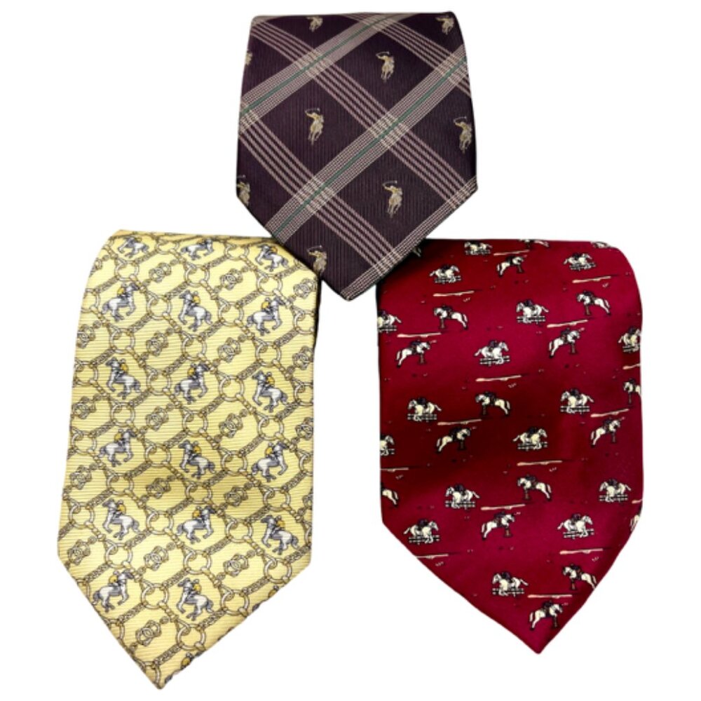3  Silk Neckties  Polo Club +Other Brown-Red-Yellow  Striped Polo Horses (66 - Picture 3 of 9
